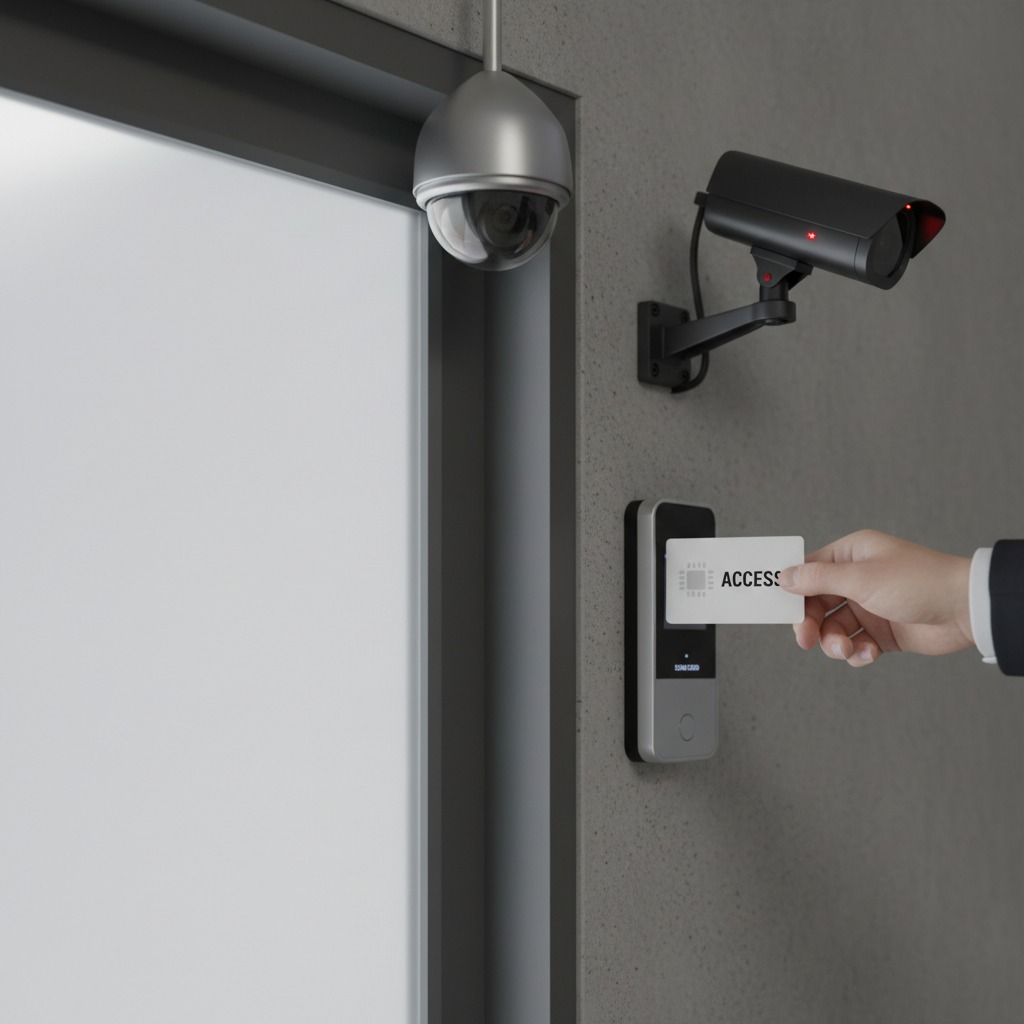 A person in a suit uses an access card to unlock a door equipped with security cameras.